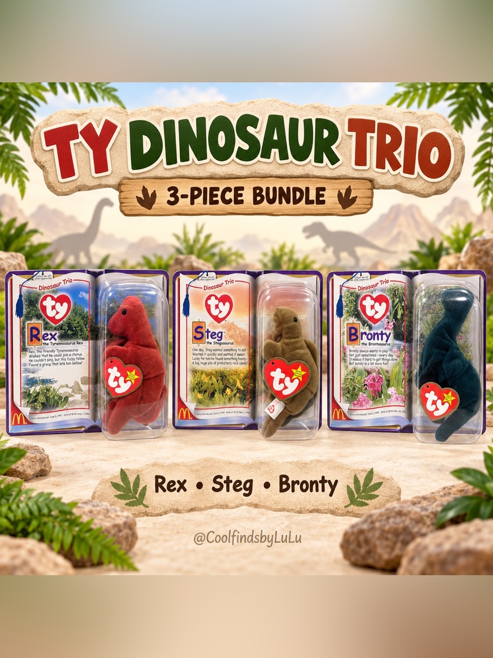Vintage McDonald's TY Dinosaur Trio Plush Set - Red, Brown, Blue